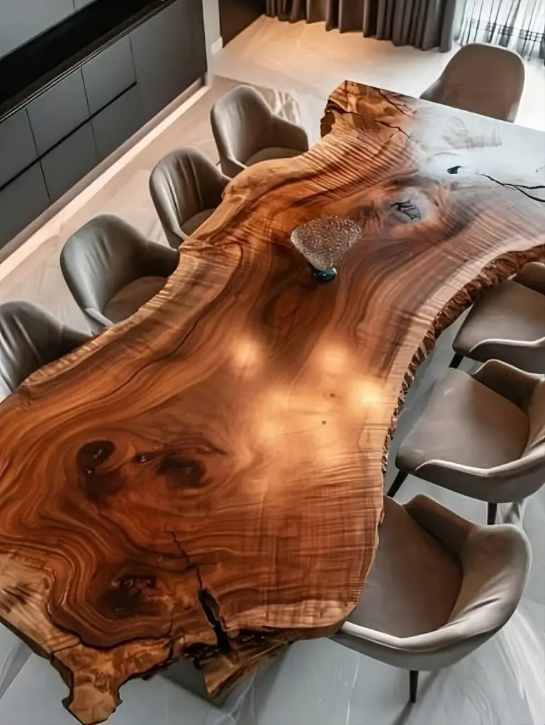 Una fotografía en picado de una mesa de comedor grande y rectangular, hecha de una sola pieza de madera con un borde irregular y orgánico. La superficie de la madera tiene un veteado muy pronunciado y tonos marrones cálidos. Un extremo del tablero parece estar cubierto con una resina epoxi de color blanco. La mesa está rodeada por ocho sillas de diseño moderno, con tapicería en un tono beige o gris claro y patas finas de metal, situadas sobre un suelo de madera clara. Al fondo, se observa un mueble o barra de color oscuro.