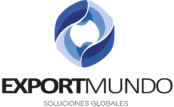 Logotipo de la empresa "Exportmundo". El diseño consiste en un símbolo abstracto circular en la parte superior, compuesto por cuatro formas entrelazadas, similares a pétalos, en distintos tonos de azul. Debajo del símbolo, el nombre "EXPORTMUNDO" está escrito en mayúsculas con una fuente moderna y audaz.